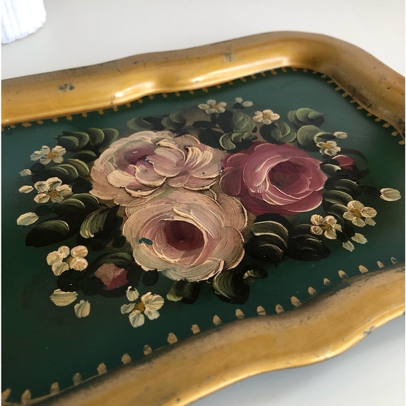 Vintage Toleware hand painted roses floral pink mauve green gold small tray - Picture 10 of 10